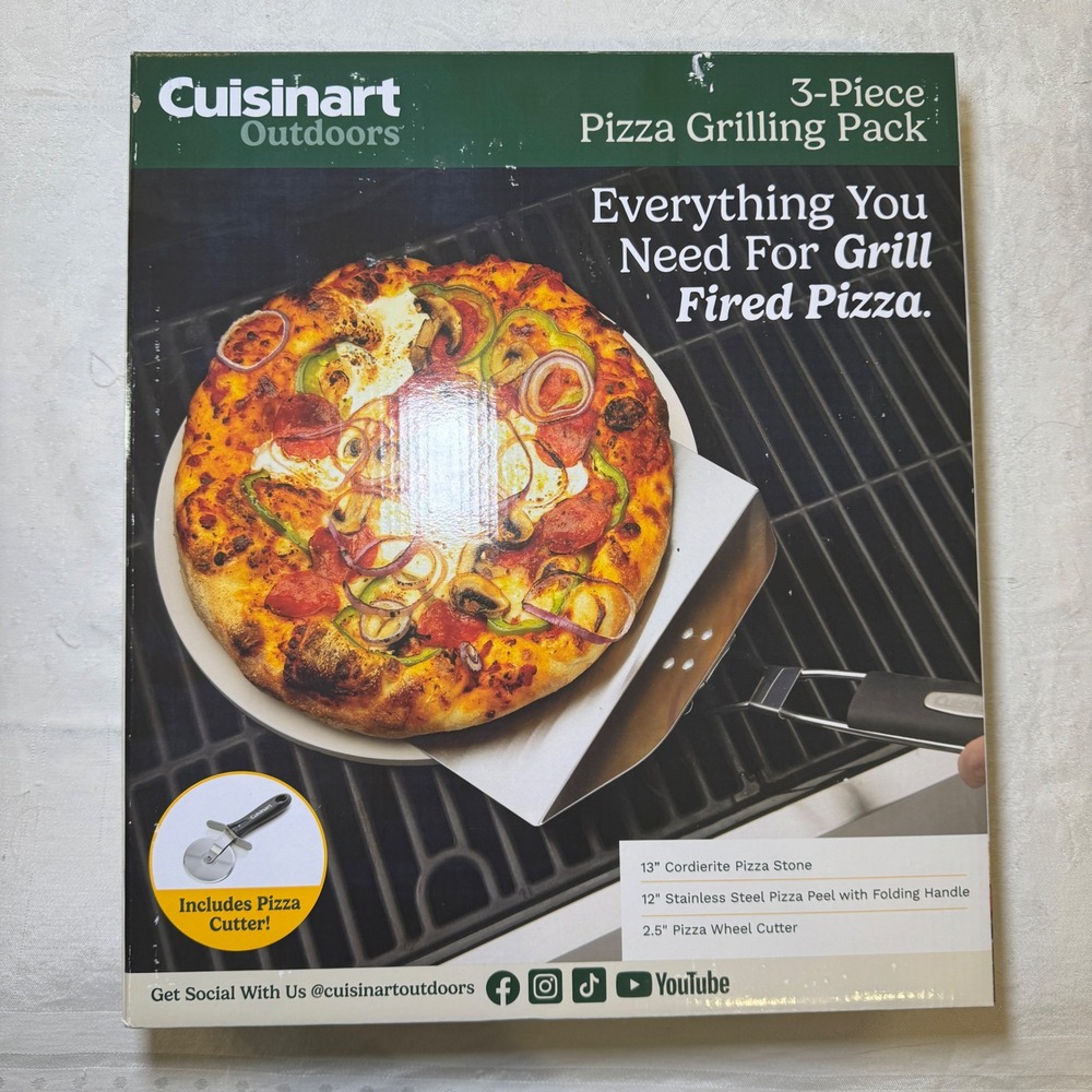 Cuisinart Outdoors 3-Piece Pizza Grilling Pack CPS-445P Stone Peel Cutter NEW